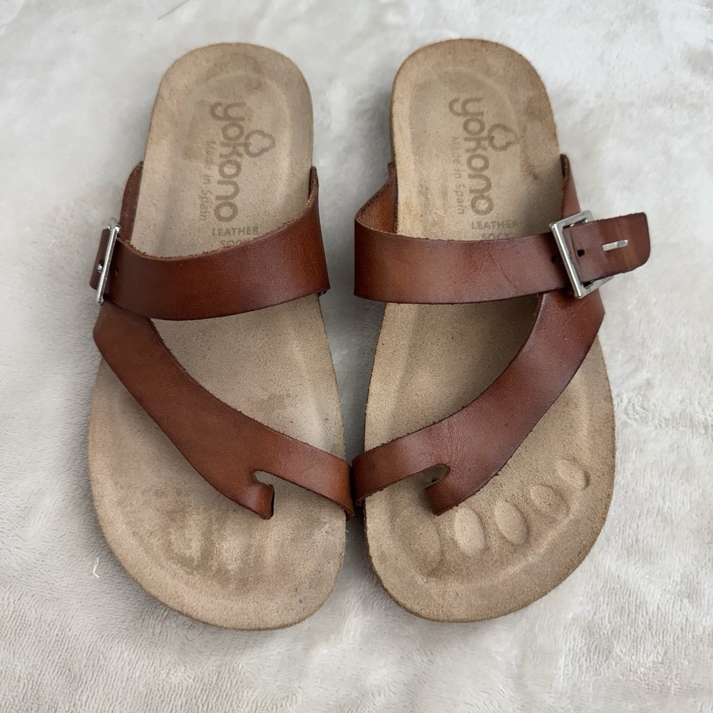 Yokono Leather Toe Loop Sandals Brown Buckle Comfort Slide Women EU 37 US 6.5 - Picture 2 of 11